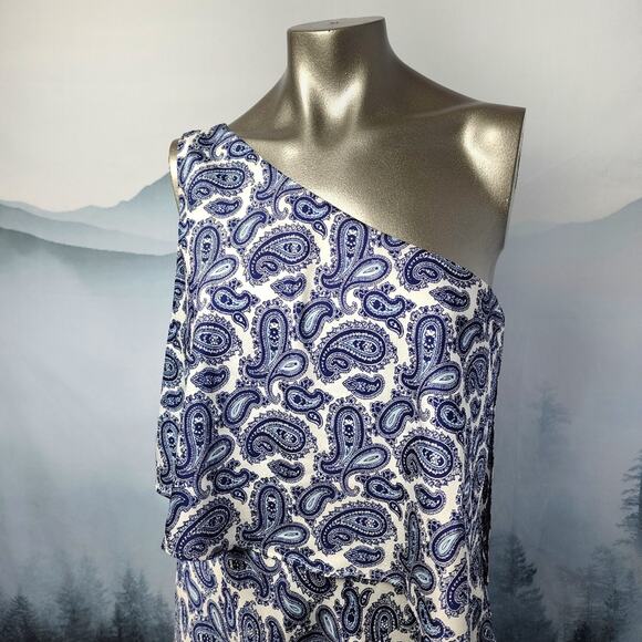 Banana Republic One Shoulder Asymmetrical Blue Paisley Dress | Women's 8 - Picture 3 of 10